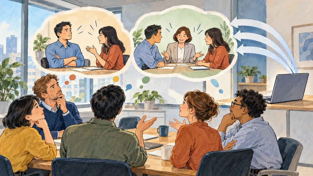 職場で対立する二人と仲介する同僚を描いた場面を前に、会議参加者が異なる反応を示す。傍らのノートPCからは、調和を図る場面へ同じ形の応答を示す帯が伸びている。