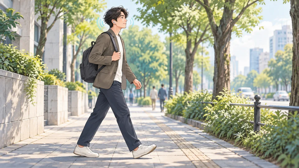 木陰の歩道で小型の無線イヤホンを着けた人が歩き始め、耳元に淡い音の弧が描かれている編集イラスト。