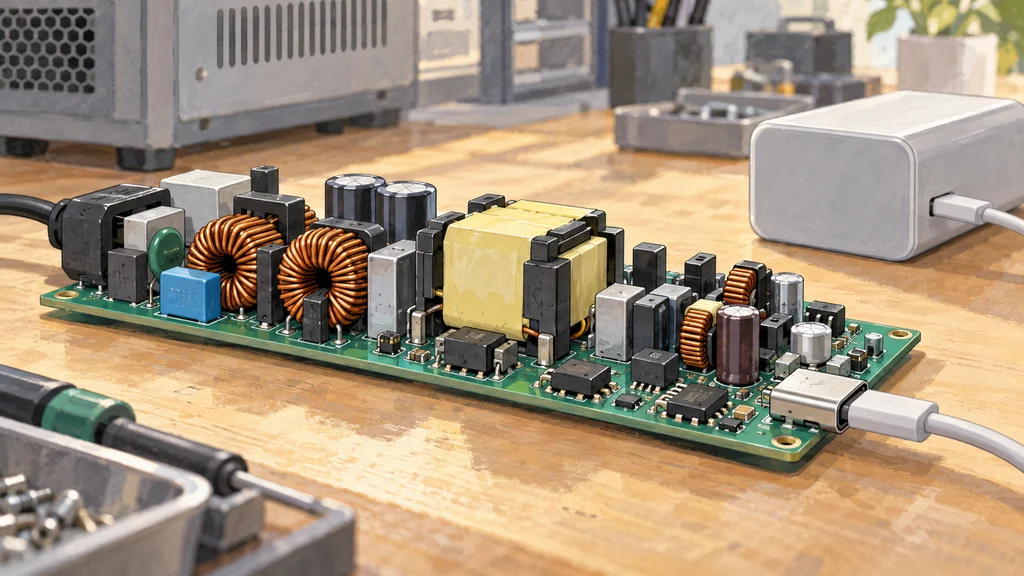 作業台に置かれたGaN電源の評価基板。基板上に2つのコイル、中央のトランス、電力変換部品が並び、USB-Cケーブルが出力端子につながっている。