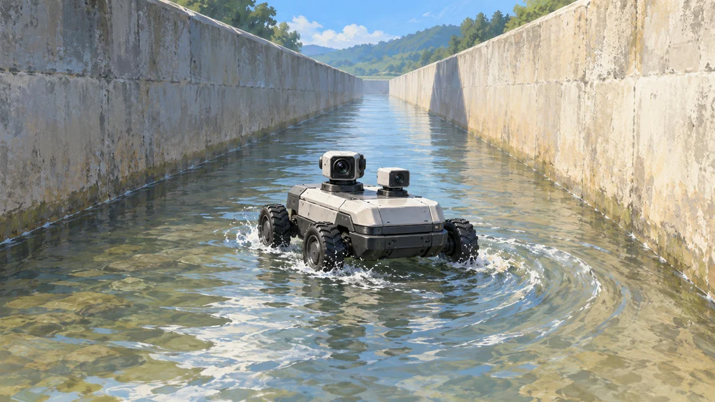 浅い水が流れる長い導水路の中央を、2台のカメラを載せた車輪型点検ロボットが走る様子を描いた編集イラスト。