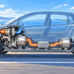高速道路を走る車の模式的なカットアウェイ。過給機付き発電用エンジンから電力がモーターへ伝わる関係を描いた編集イラスト。