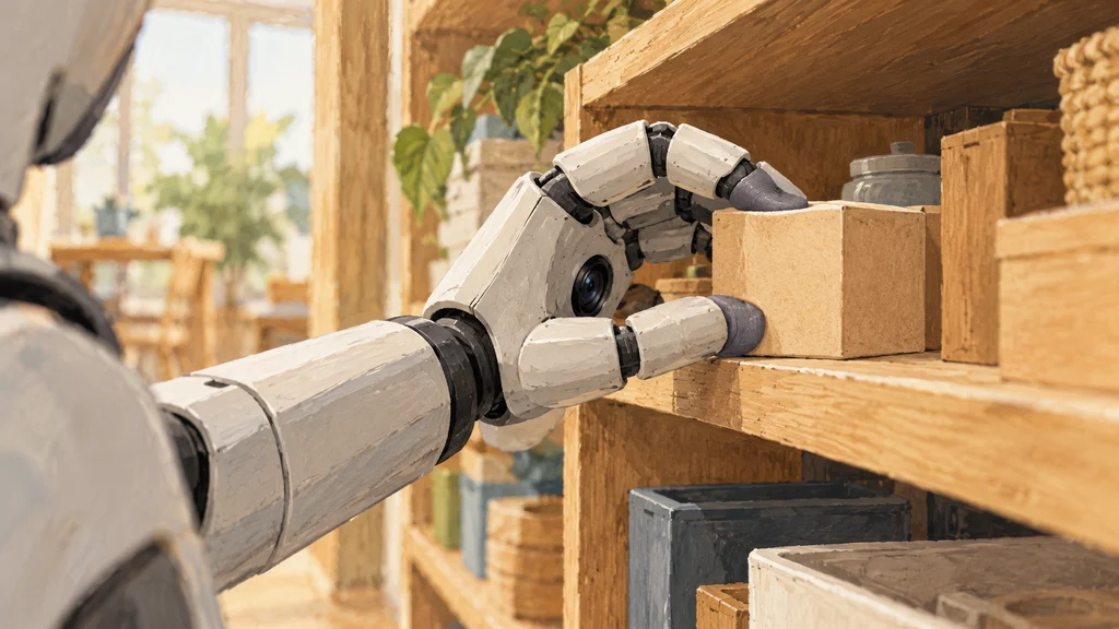 棚の中へ伸びた人型ロボットの手が箱をつかむ編集イラスト。手のひら中央のカメラと、物体に触れる指先が描かれている。