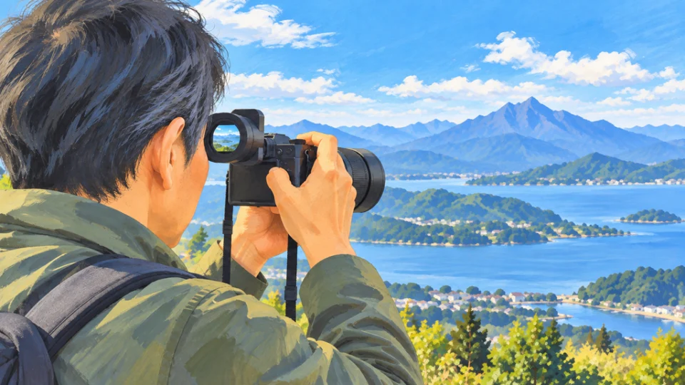 山と湖を望む屋外で、人物がコンパクトズームカメラのビューファインダーを覗いて撮影する編集イラスト。接眼部に風景が映り、撮影中の景色を確認する仕組みを示している。