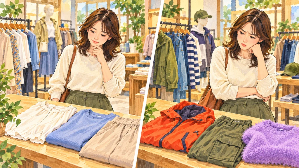 衣料品店で、親切な推薦では服を落ち着いて選び、不親切な推薦では合わない服を前に戸惑う利用者を左右に対比した水彩風イラスト。
