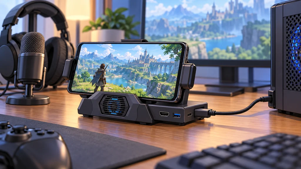 冷却ファンと複数の接続端子を備えたゲーム用機器に横向きのスマートフォンを取り付け、有線ケーブルで配信用パソコンにつないだ机上のイラスト。ヘッドセットとマイクも置かれている。