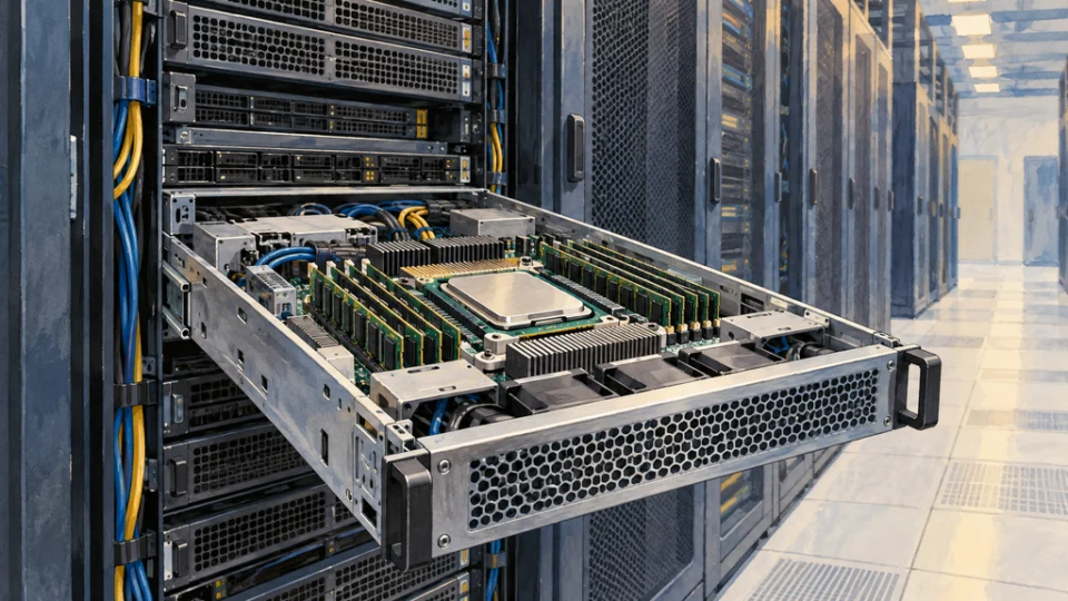 ラックから引き出したサーバートレイにCPUモジュールとメモリーが見える、5Gコア基盤向けサーバーの編集イラスト。