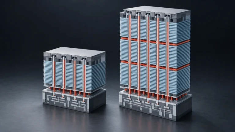 短い従来世代と比較して3段のセル積層と垂直接合で高密度化したV-NAND V10の技術イラスト