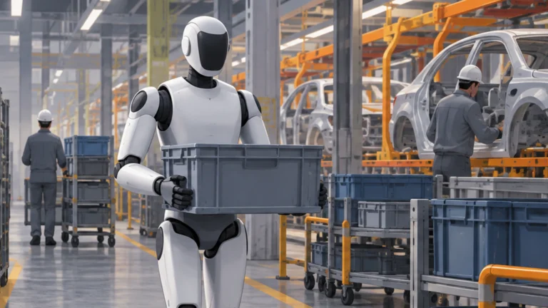 自動車工場の通路で部品箱を運ぶ人型ロボットと、製造現場で作業する従業員