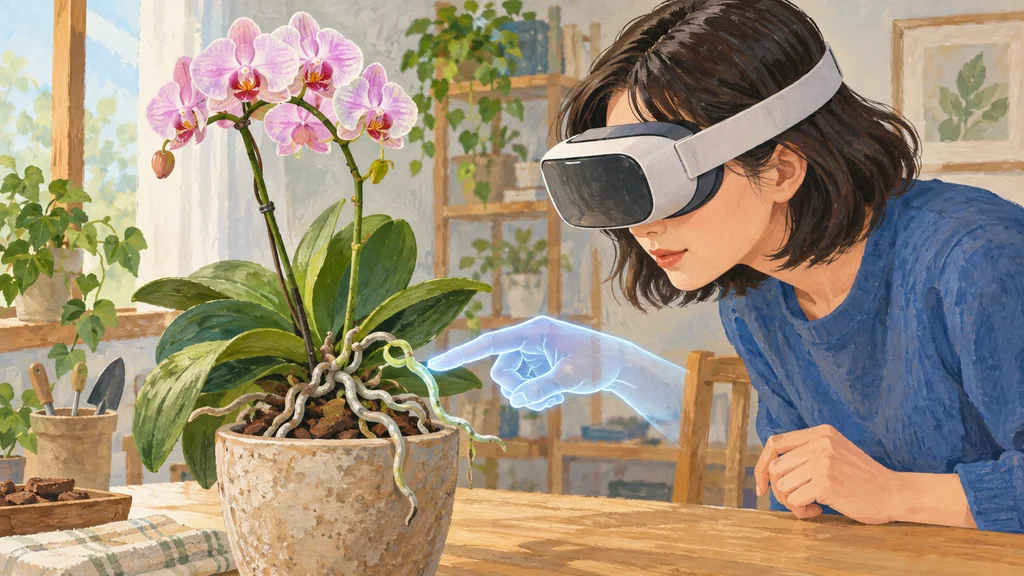 XRヘッドセットを着けた人が、鉢植えのランの気根を指し示す半透明の仮想の手を見ている。