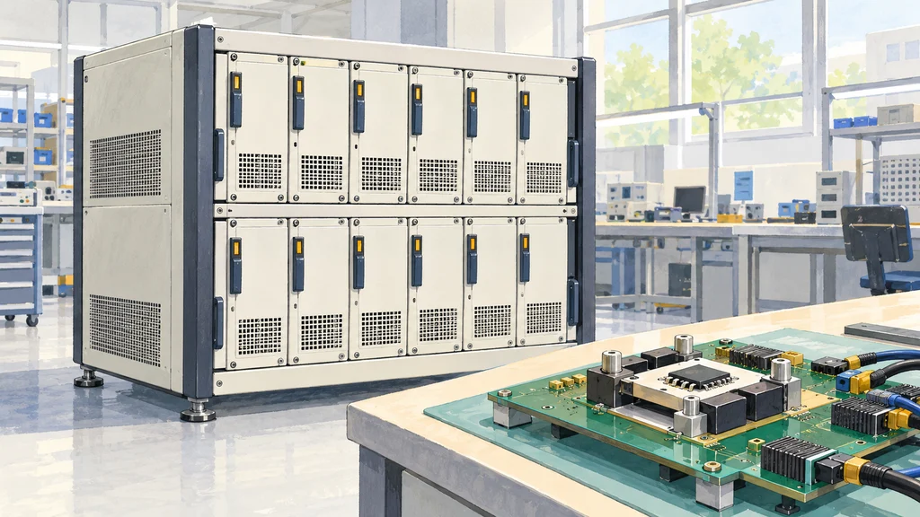 明るい評価室で、通気口のあるラック型半導体試験装置と、手前の作業台に置かれた試験基板・半導体パッケージの評価治具を描いたイラスト。装置前面には測定モジュールが2列に並ぶ。