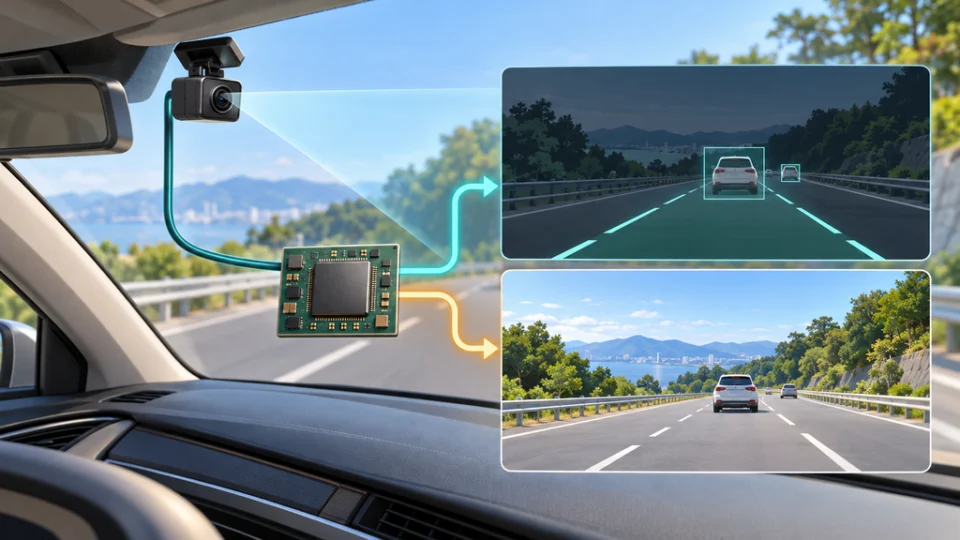 車載カメラが捉えた道路画像を、基板上の運転支援用SoCが認識用と人向け表示用に並列処理する様子。
