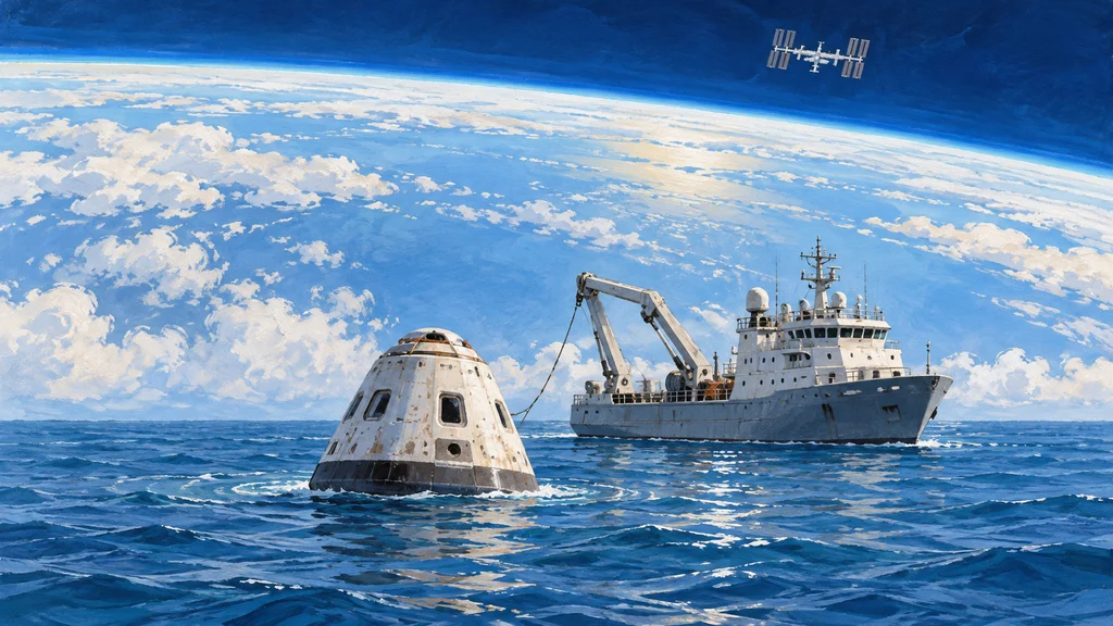 太平洋に着水したCrew-12の宇宙船と、回収作業にあたる船。遠景には地球と国際宇宙ステーションを描いた水彩風イラスト。