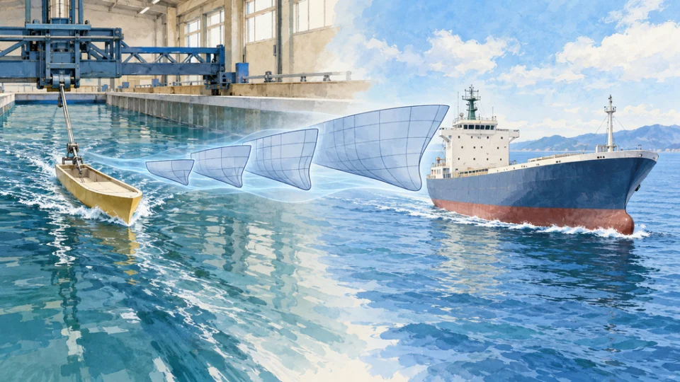 水槽で曳航される船型模型から、船型断面の重なりを介して、海上を進む大型船へつながる様子を描いた編集イラスト。