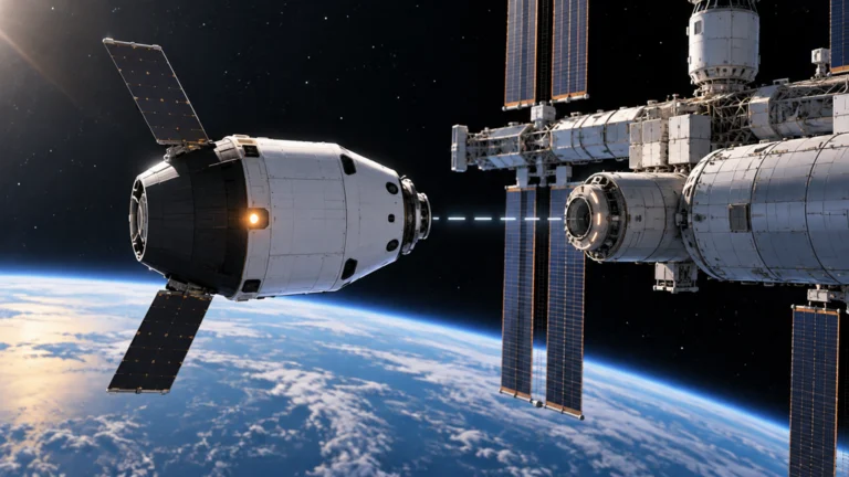 地球低軌道で貨物カプセルが宇宙ステーションのドッキングポートへ接近する自律ドッキング実証の編集イラスト