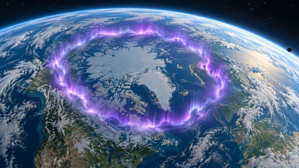 昼光に照らされた地球の北極域を紫色のオーロラ環が囲み、右端の小さな宇宙機シルエットが環全体を観測する様子を描いたイラスト。