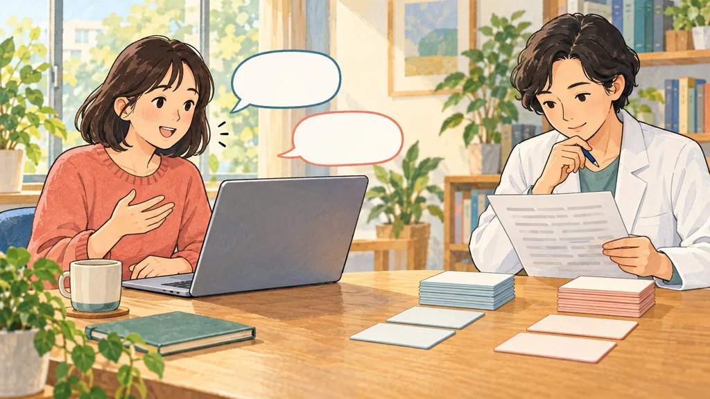 参加者がノートPC越しに症状を説明し、追加質問への回答を含む対話記録を臨床医が候補カードとともに確認する研究評価の編集イラスト。