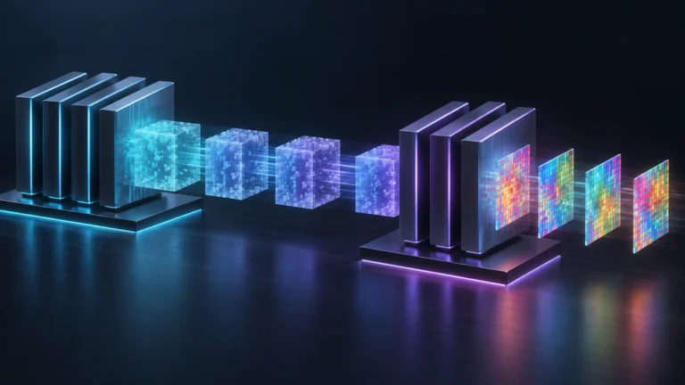 潜在表現ブロックを生成する計算プールと、RGBピクセルタイルへ復号する別の計算プールが並行して動く抽象図