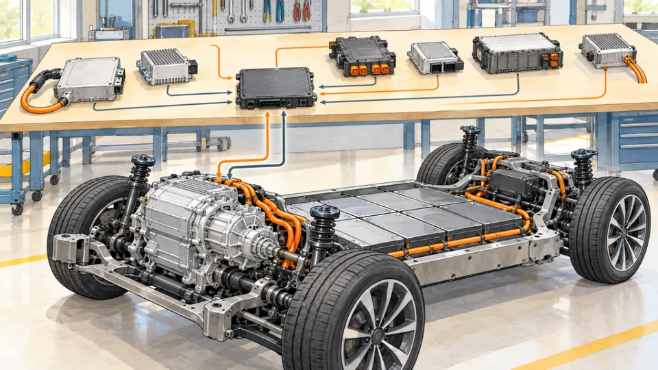 明るい工房で、モーター・減速機・インバーターを組み合わせたEV駆動ユニットを車体に搭載し、そばの作業台に並ぶ充電・電源管理モジュールと中央の制御器を図解したイラスト。