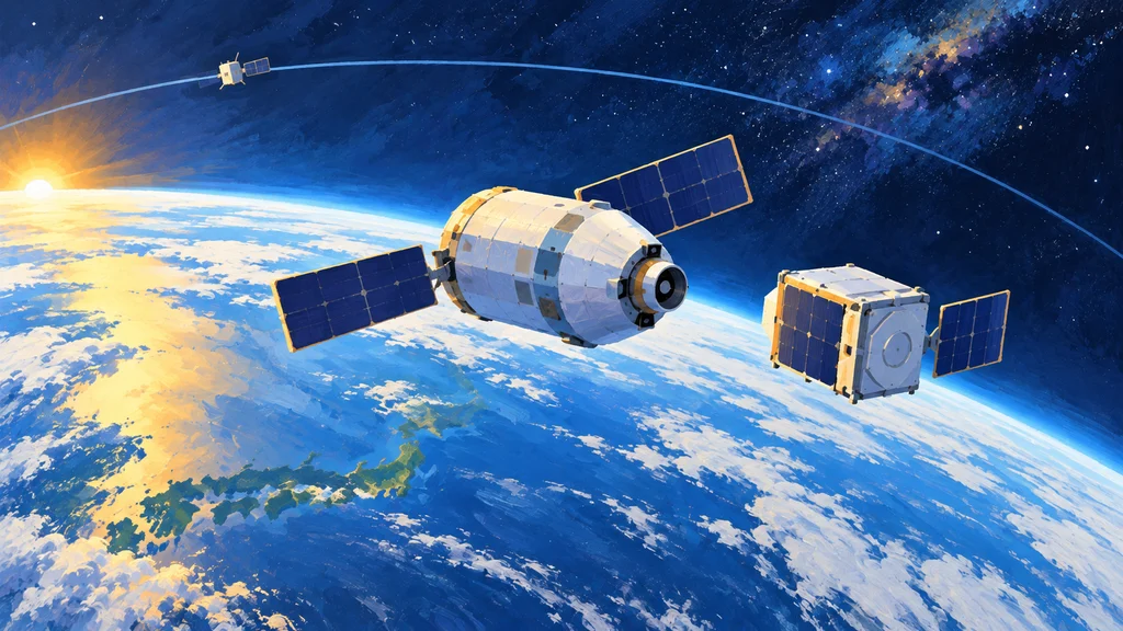 地球の縁を背景に、軌道間輸送機が衛星へ接近する様子を描いた編集イラスト。遠方には別の軌道を示す線と衛星が見える。
