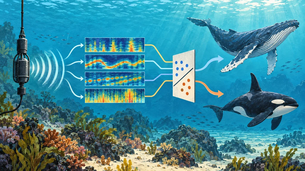 海中の録音器から音の特徴帯が線形分類図へ流れ、ザトウクジラとシャチの声の分類を表す編集イラスト。