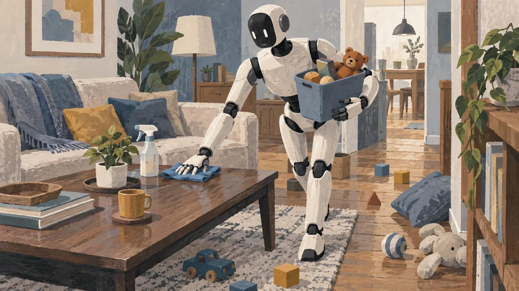 狭い居室を歩きながらテーブルを拭き、容器で散乱物を集める人型ロボット