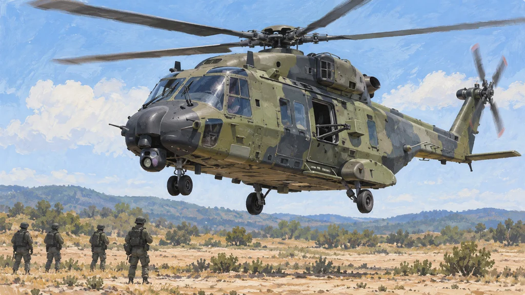 草地の上を低く飛ぶNH90ヘリコプター。機首下の赤外線カメラと後部側窓の機関銃用支持架が見え、地上には隊員が立っている。