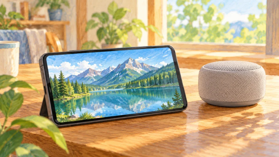 木のテーブルに立てたスマートフォンが山と湖の動画を再生し、隣の小型スピーカーへ音声を送っている。窓辺の自然光が差す室内を描いた編集イラスト。
