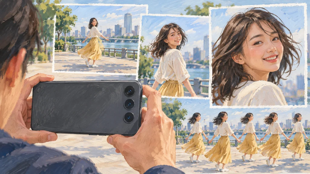 3眼カメラを備えた無銘のスマートフォンで、動く人物を広角から顔のアップまで異なる画角で撮影する様子を描いた編集イラスト。