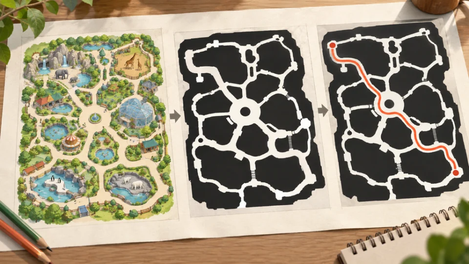動物園を模した合成地図から白い通路領域を抽出したマスクを作り、始点から終点までの経路を赤橙色で示した工程の編集イラスト。