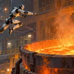 製鋼施設の溶鋼容器へ自律跳躍する人型ロボットF.02を描いた編集イラスト