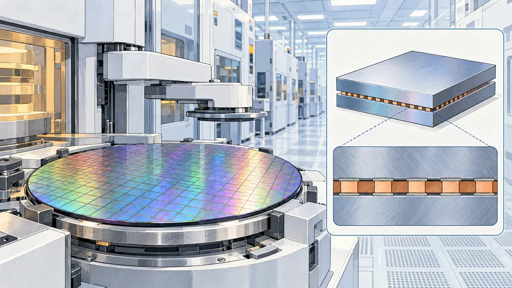 半導体工場の製造装置上に置かれたシリコンウエハーと、右側の拡大図に描かれたハイブリッドボンディングによる2枚のダイの積層構造。