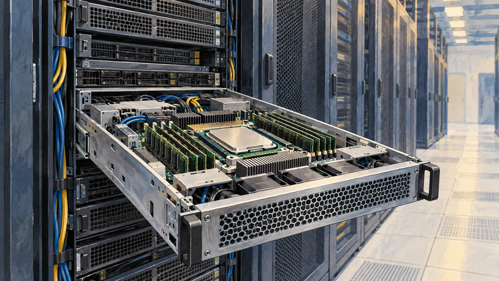 ラックから引き出したサーバートレイにCPUモジュールとメモリーが見える、5Gコア基盤向けサーバーの編集イラスト。