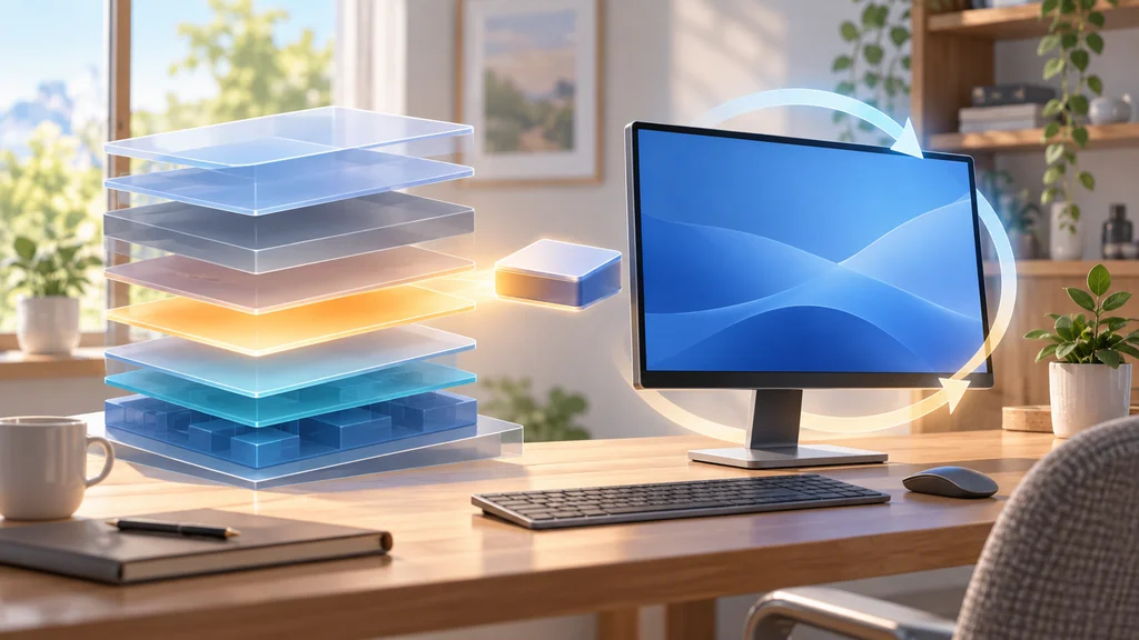 共通コード基盤にあるソフトウェア層の一部を、小さな有効化パッケージで切り替えるWindows 11の更新方式を示す編集イラスト