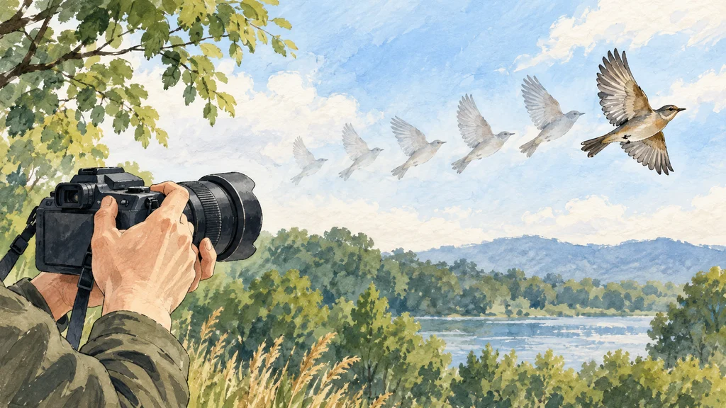屋外でカメラを構える撮影者が、飛ぶ鳥を追う場面。鳥の後ろに重なる姿が、シャッターを押す前の動きも記録するプリ撮影を表している。