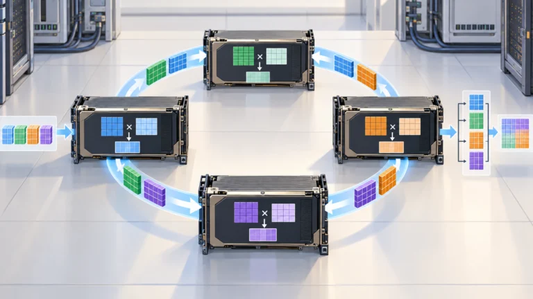 複数GPUで推論を分担し、キーと値のデータを巡回させるRing Attentionの概念図