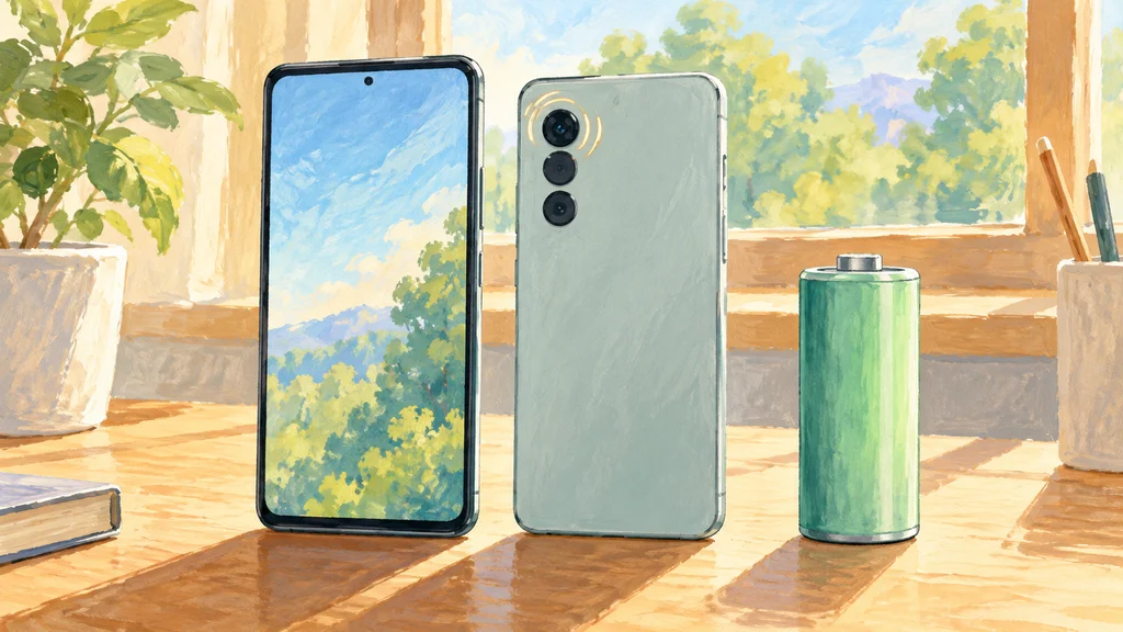 明るい机の上に立つスマートフォンの前面と背面、その横に置かれた電池セル。背面カメラの一つを囲む控えめな線が光学式手ブレ補正を示している。