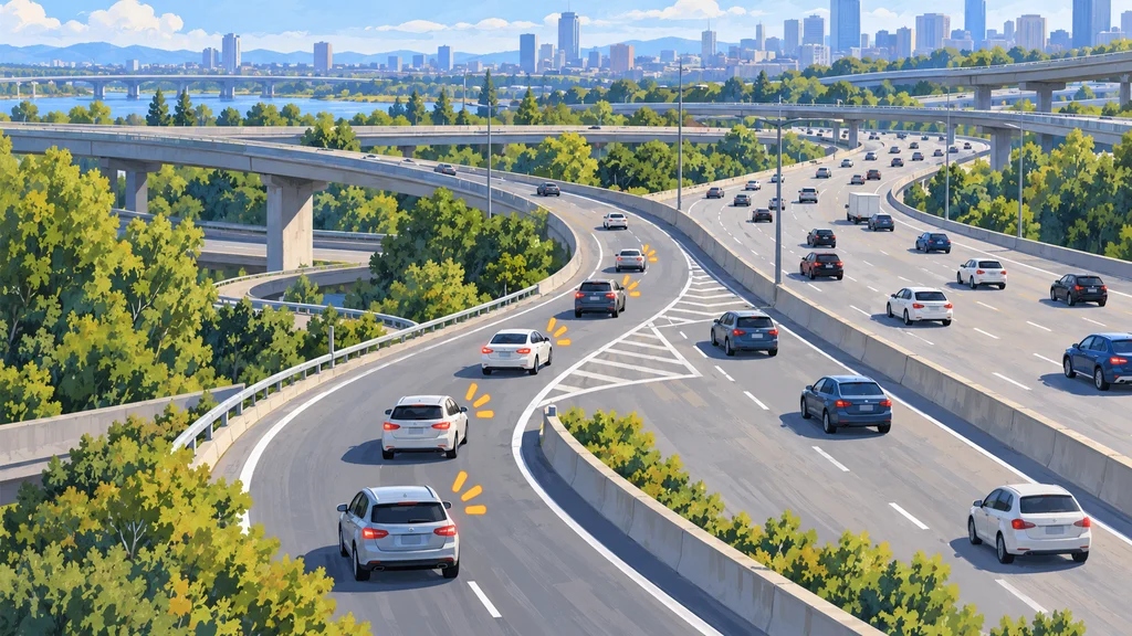 都市高速道路の合流区間を上空から描いたイラスト。合流する車列の一部に、急減速の観測を表す橙色の記号が添えられている。