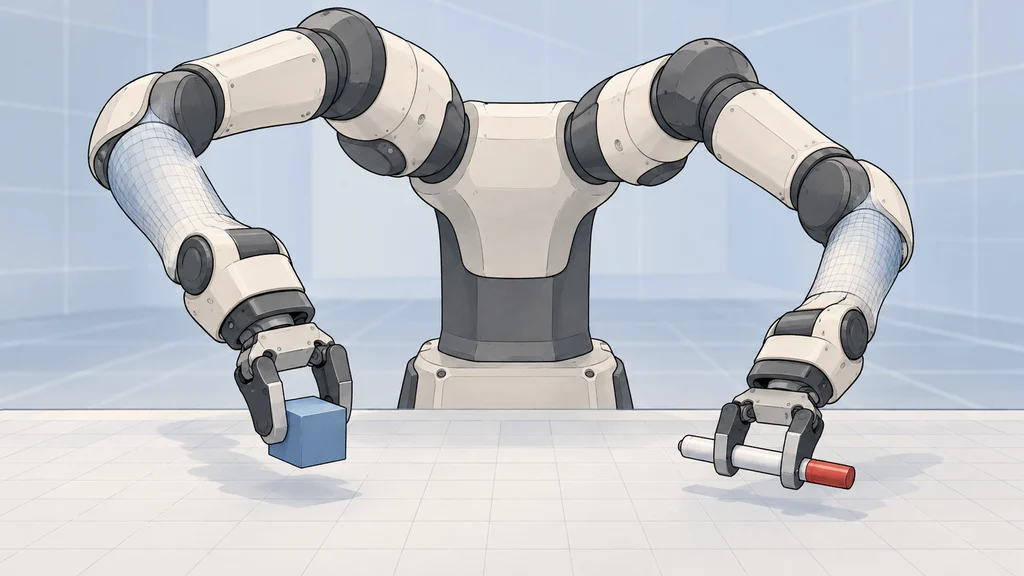 仮想作業面で、双腕ロボットの一方のグリッパーが立方体を持ち、もう一方がマーカーをつかむ編集イラスト。腕の一部にはCAD形状を示す細いワイヤーフレームが重ねられている。