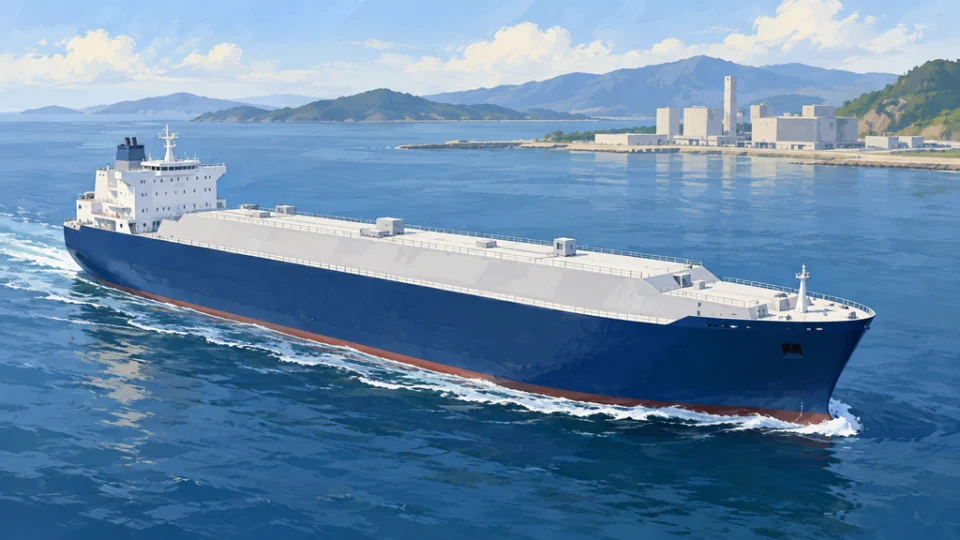 穏やかな海を進む大型の低圧液化CO₂輸送船。遠景に沿岸の工業施設が見える。