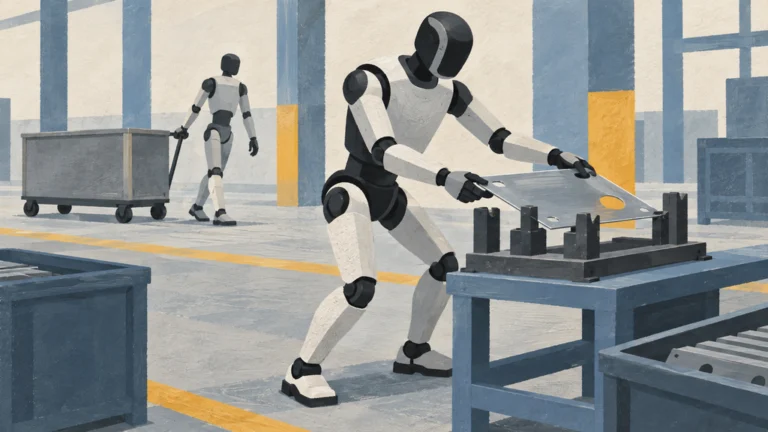 部品を両手で治具に置きながら足運びと姿勢を調整するヒューマノイドロボットと背景の物流台車