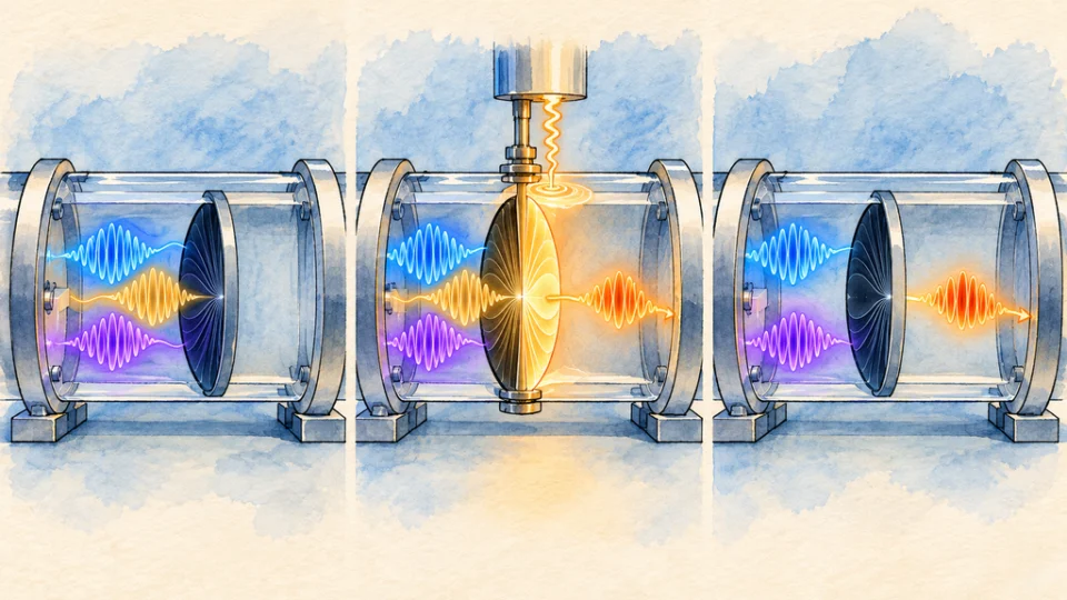 光機械系の模式的な共振器内で、フォノン波が暗いモードのゲートに閉じ込められた状態から、外場と結合する明るいモードへの切り替えを経て、開いた経路を進む様子を描いた水彩調の編集イラスト。