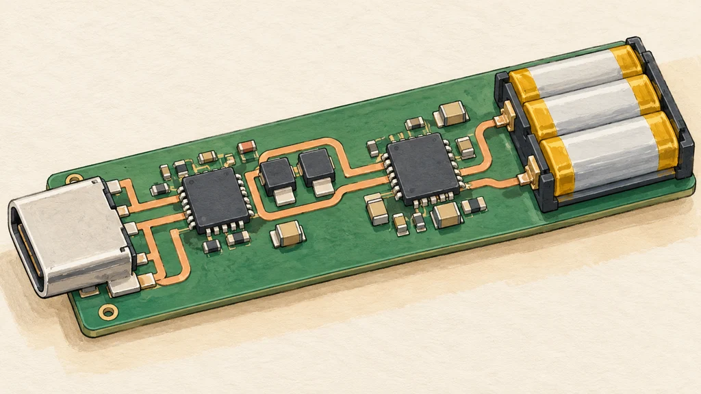 USB Type-C端子からポート制御ICと外付けトランジスターを経て、別の昇降圧充電ICと複数セルの電池へつながる電源回路を描いた手描き風イラスト。