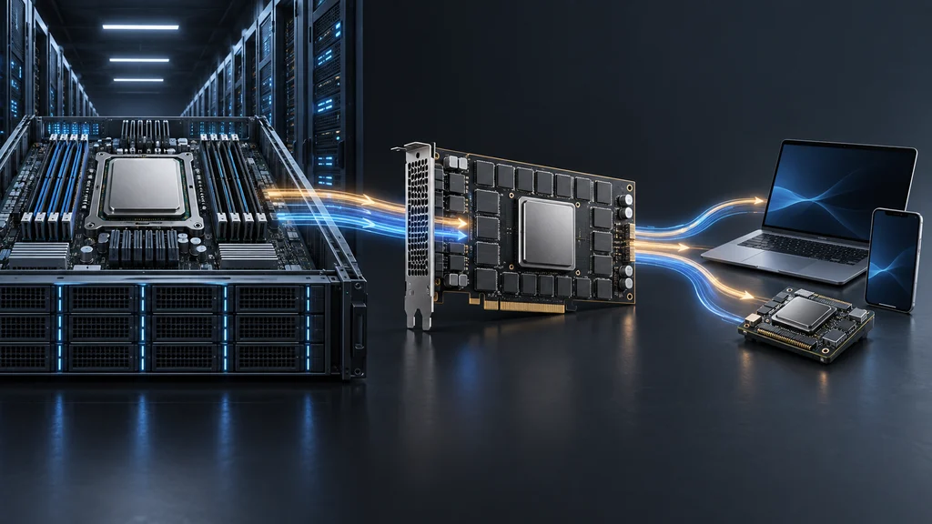 データセンターのサーバーCPU、推論用GPU、端末側SoCがデータ経路で結ばれ、AI処理を分担する構成図