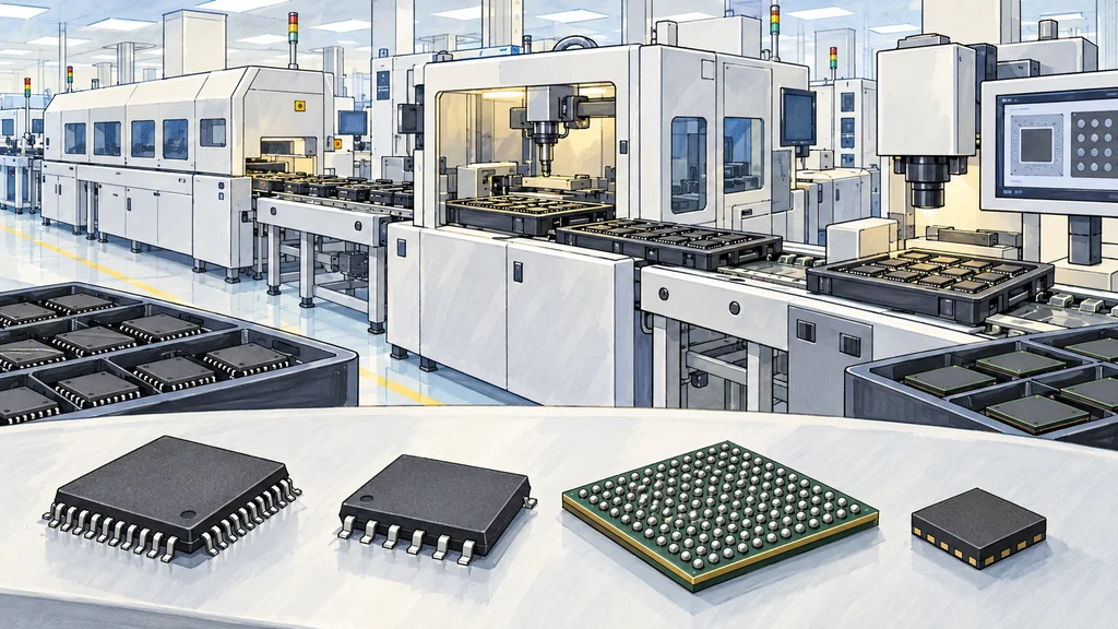計画中の半導体組み立て・検査を表す編集イラスト。設備ラインを背景に、リード付きパッケージやボール端子付き基板型パッケージなどが前景に並ぶ。