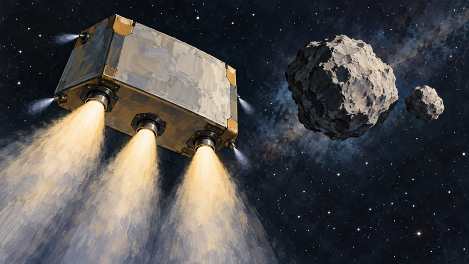 3基の下面スラスターから噴射する無印の小惑星探査機を、大小2つの連星小惑星の手前に描いた編集イラスト。