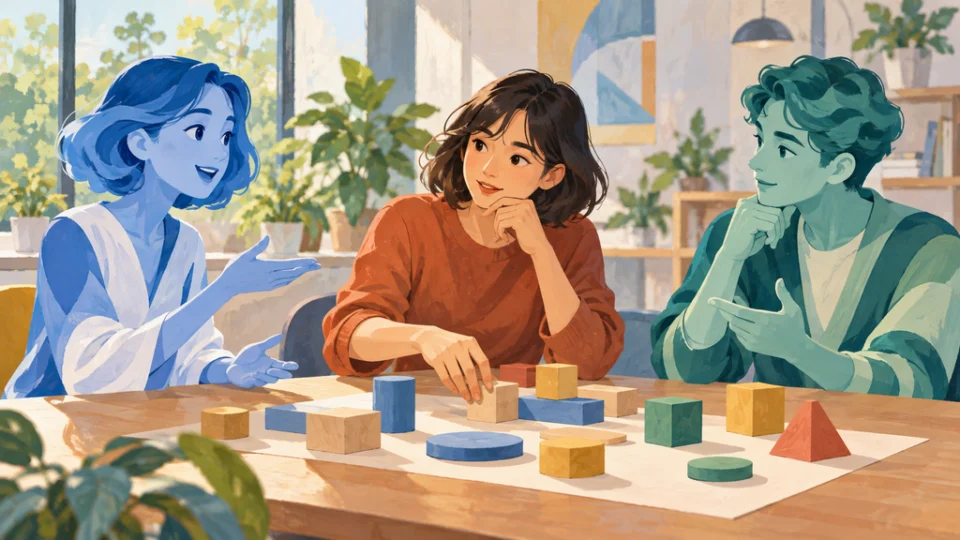 学習者が2体のAIアバターとテーブルを囲み、意見の異なる相手と話しながら、無地の図形パーツで共同課題を進める編集イラスト。