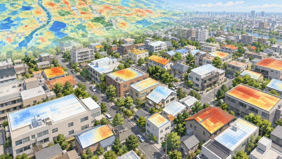 俯瞰した市街地の屋根に、反射率を示す細かな色の格子が重なり、建物ごとの屋根を比較できる様子を描いた編集イラスト。