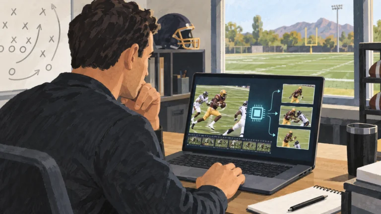大学フットボールの試合映像から、AI PC上でハイライト候補を選ぶ様子を描いた編集イラスト