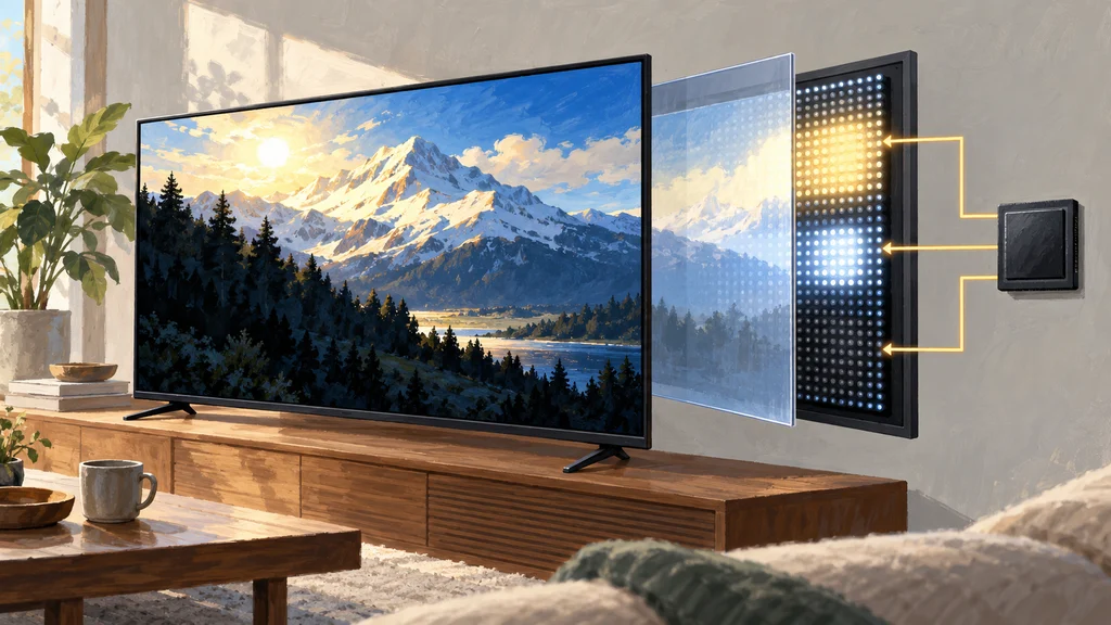 リビングに置かれた液晶テレビと、背面に密集するMini LED光源の層状カットアウェイ図。明るい山と暗い前景の映像、LED領域につながる制御プロセッサーを描いた編集イラスト。