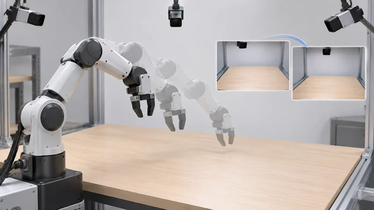 動作軌道を示すロボットアームと、動作後のカメラ視点の予測